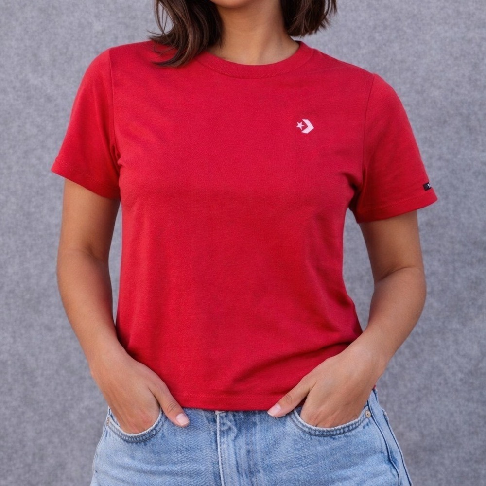Converse Red Crew Neck T Shirt‎ Embroidered Star Chevron Logo Women XS